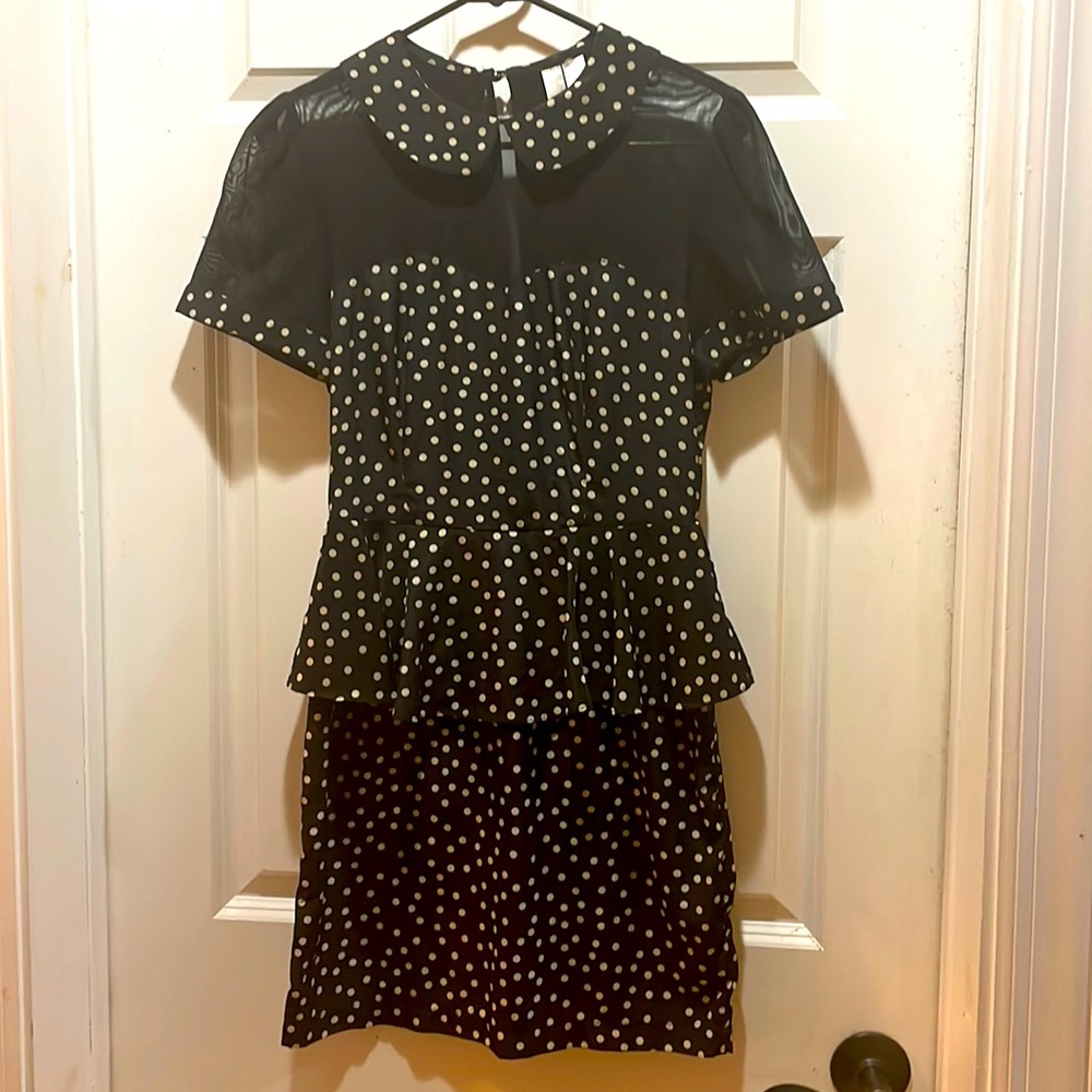 Black and Cream polka dot layered dress with collar and mesh top